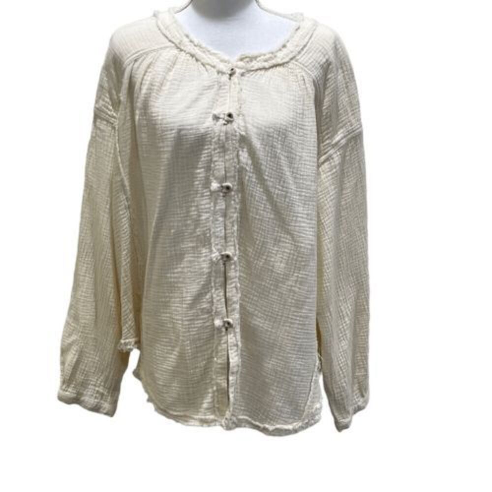 WE THE FREE womens long sleeve button up large cardigan shirt jacket ivory cozy